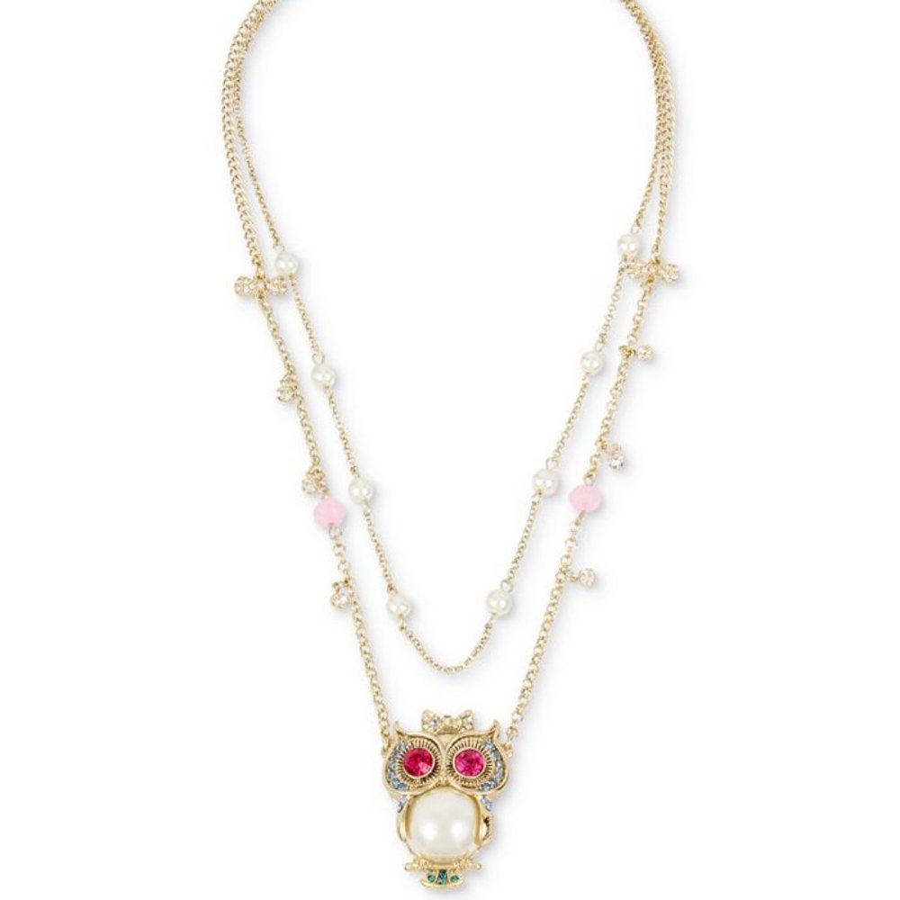 Betsey Johnson Gold-Tone Multi-Stone & Imitation Pearl Owl Pendant Double-Row Ne